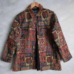 Fully Embroidered Beaded Tapestry Button Down Overcoat Shirt Jacket Sz 1/M Boho